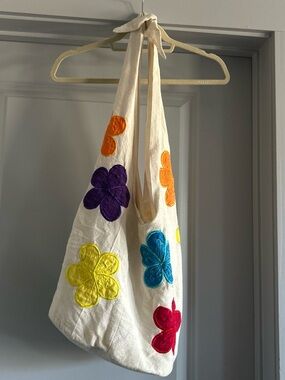 Cream Floral Appliqué Sling Bag with Bright Multicolor Flowers